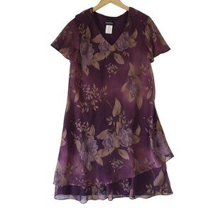 Kathy Roberts Purple‎ Floral Layered Chiffon Dress Size 16 Elegant Evening USA
